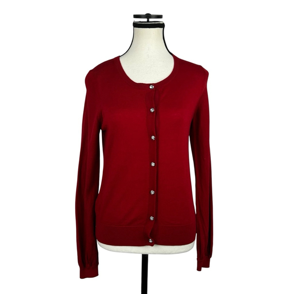 Ann Taylor Cardigan Sweater Womens S Red Extrafine Merino Wool Minimalist Preppy - Picture 4 of 11